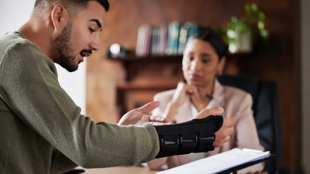 Man with wrist brace explaining injury to female medical professional in office setting.