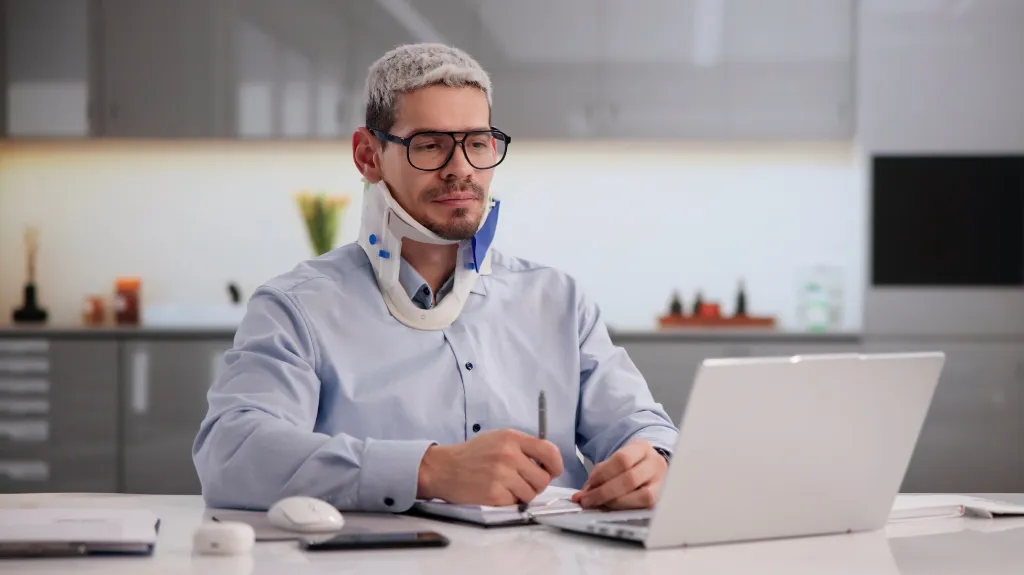Man wearing a neck brace and glasses working on a laptop in a modern office.